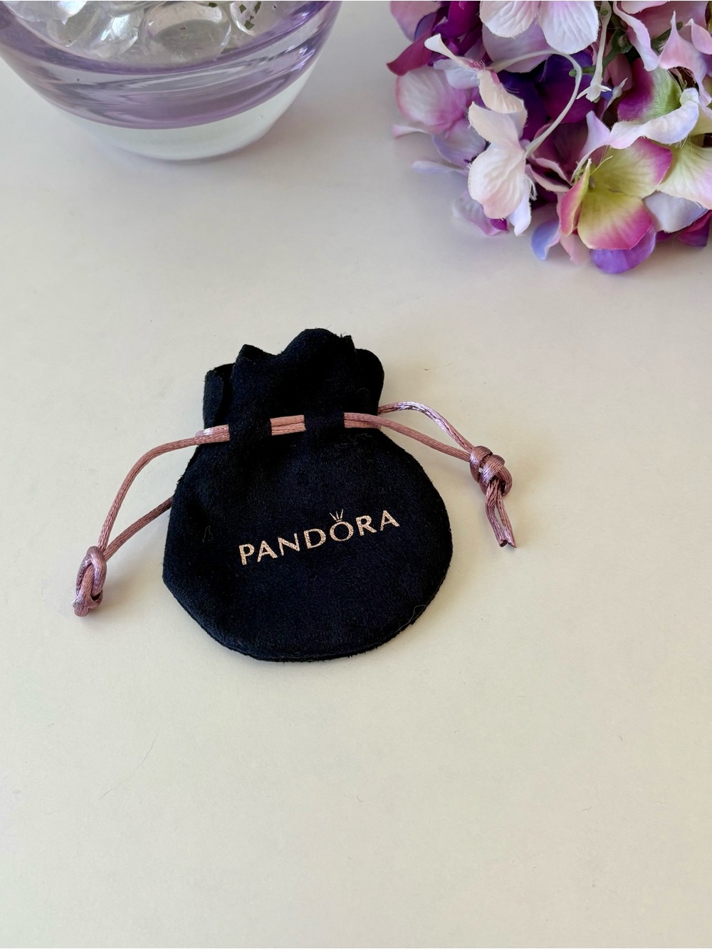 Pandora Black Velvet Pouch with Purple Drawstring